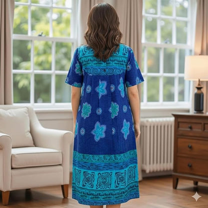 Loungees Women's Petite Cotton House Dress with Pockets, Short Sleeve Muumuu Caftan, Below Knee Lounge Dress