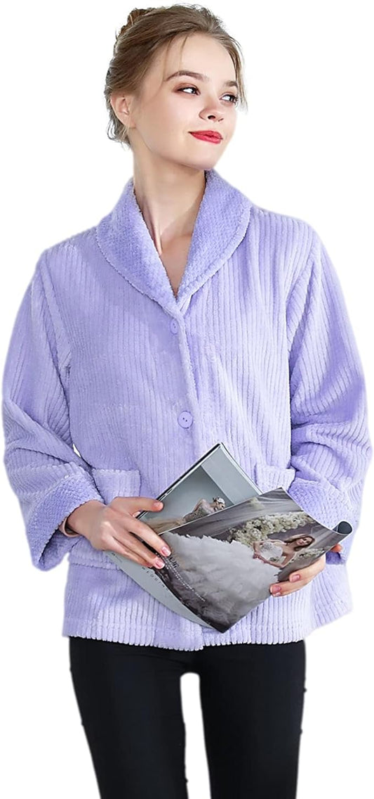 Women's Light Purple Drop Needle Coral Fleece Shawl Collar Button FrontBed Jacket