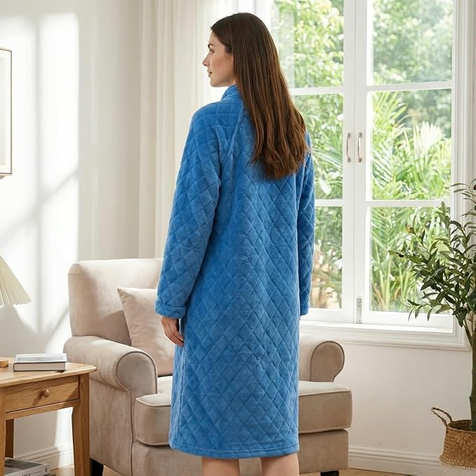 Loungees Womens Plush Fleece Robe Royal Blue, Mid Length Zip Front Bathrobe with Shawl Collar, Soft Coral Fleece House Robe