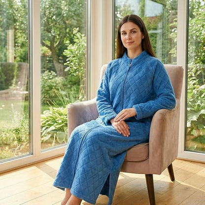 Loungees Womens Plush Fleece Robe Royal Blue, Mid Length Zip Front Bathrobe with Shawl Collar, Soft Coral Fleece House Robe