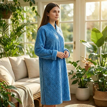 Loungees Womens Plush Fleece Robe Royal Blue, Mid Length Zip Front Bathrobe with Shawl Collar, Soft Coral Fleece House Robe