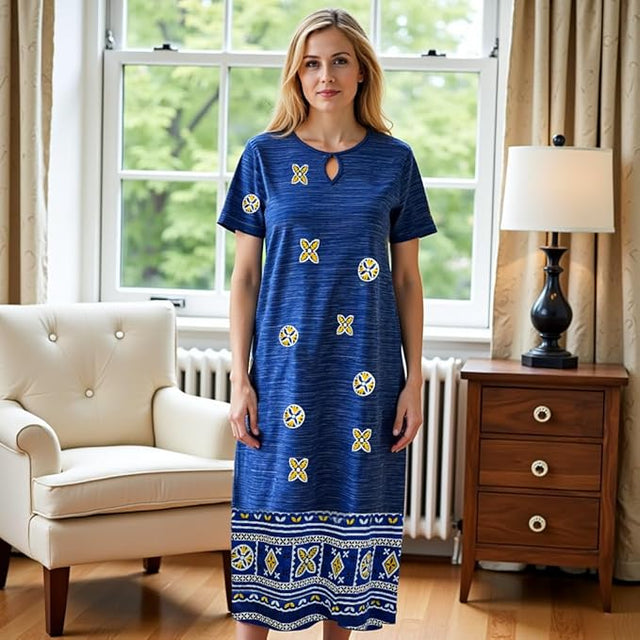 Loungees Short Sleeve Knit Dress with Keyhole Neck | Blue | Plus Size Available