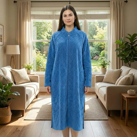 Loungees Womens Plush Fleece Robe Royal Blue, Mid Length Zip Front Bathrobe with Shawl Collar, Soft Coral Fleece House Robe