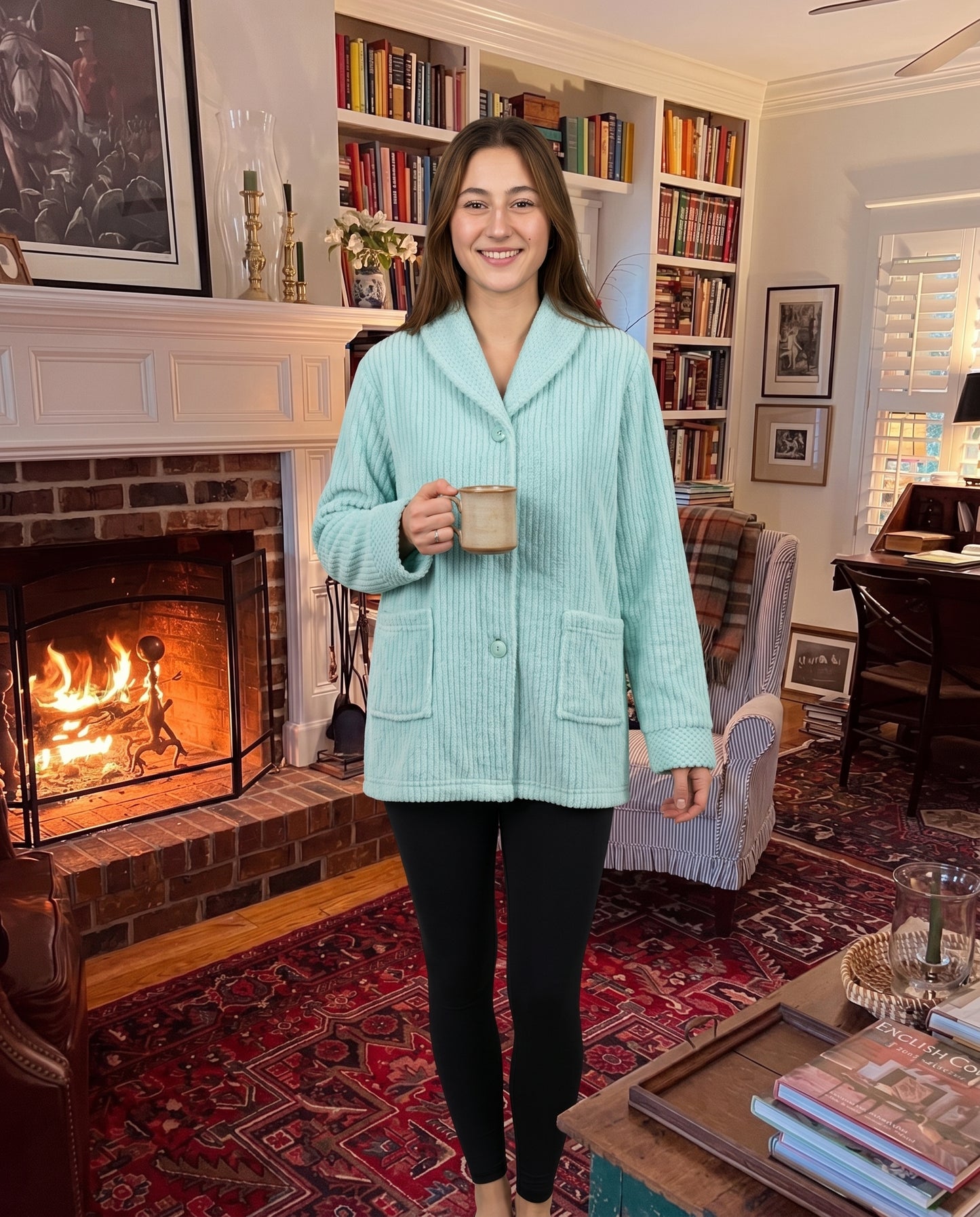 Women's Plush Fleece Bed Jacket Soft Button Front House Coat with Pockets, Long Sleeve Shawl Collar