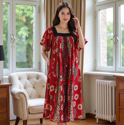Women's Short Sleeve Blue Print Gauze Lounger House Dress - Crochet Square Neck and Pockets