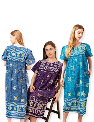 Loungees Border Print Cotton Lounge Dress/House Dress/Caftan | 3 Button Bib Yoke Short Sleeve