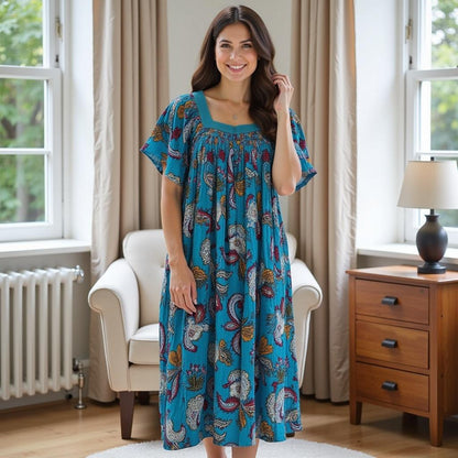 Women's Short Sleeve Blue Print Gauze Lounger House Dress - Crochet Square Neck and Pockets