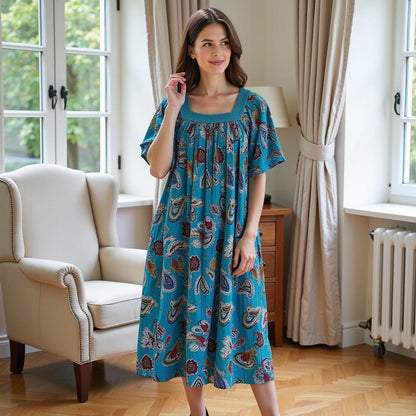 Women's Short Sleeve Blue Print Gauze Lounger House Dress - Crochet Square Neck and Pockets