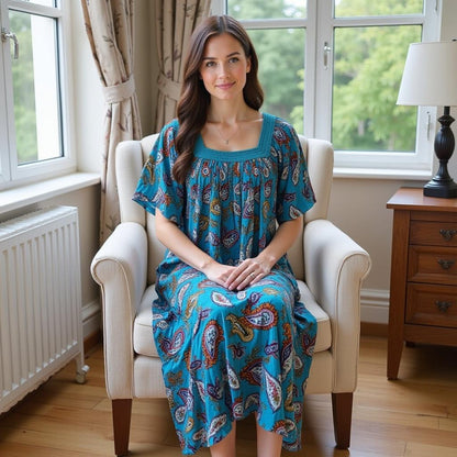 Women's Short Sleeve Blue Print Gauze Lounger House Dress - Crochet Square Neck and Pockets