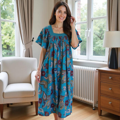Women's Short Sleeve Blue Print Gauze Lounger House Dress - Crochet Square Neck and Pockets