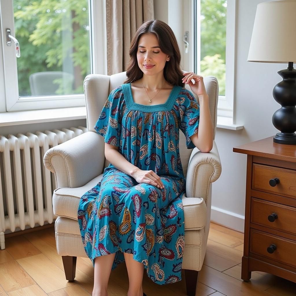 Women's Short Sleeve Blue Print Gauze Lounger House Dress - Crochet Square Neck and Pockets