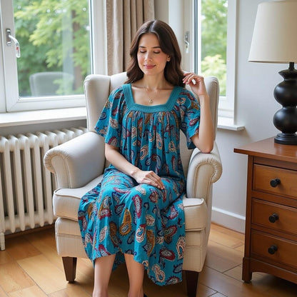 Women's Short Sleeve Blue Print Gauze Lounger House Dress - Crochet Square Neck and Pockets