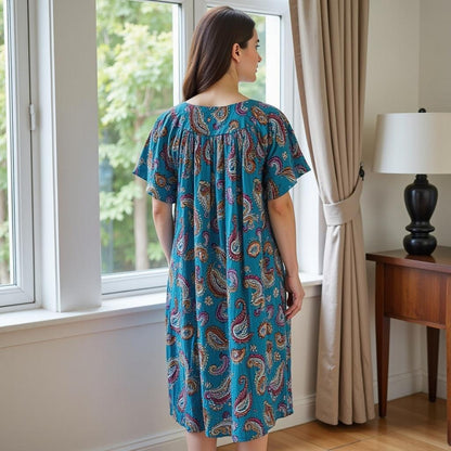 Women's Short Sleeve Blue Print Gauze Lounger House Dress - Crochet Square Neck and Pockets