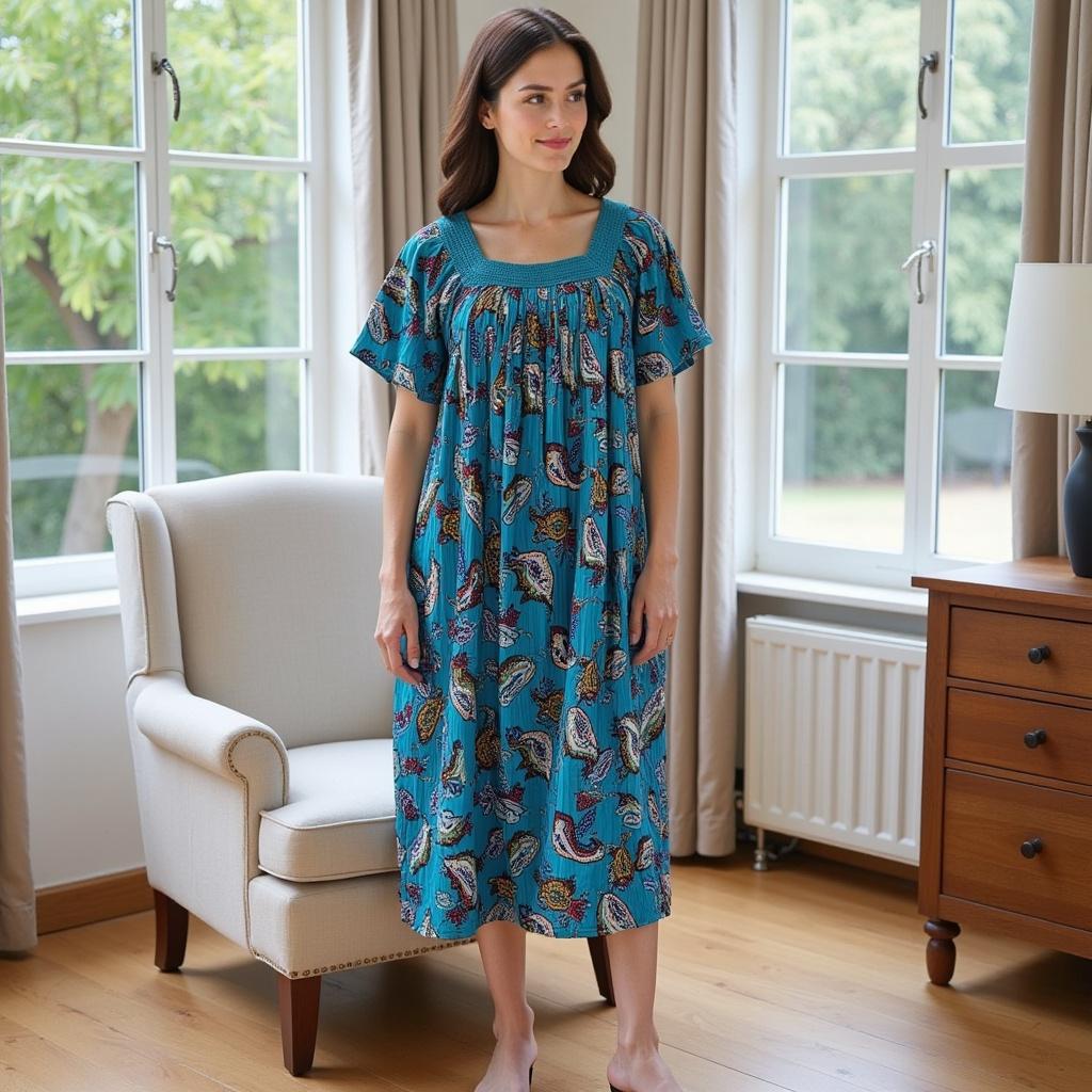 Women's Short Sleeve Blue Print Gauze Lounger House Dress - Crochet Square Neck and Pockets