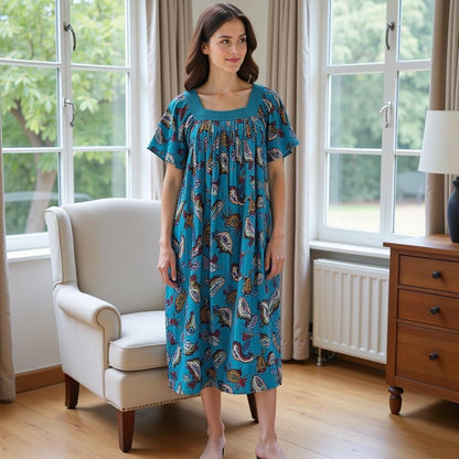 Women's Short Sleeve Blue Print Gauze Lounger House Dress - Crochet Square Neck and Pockets