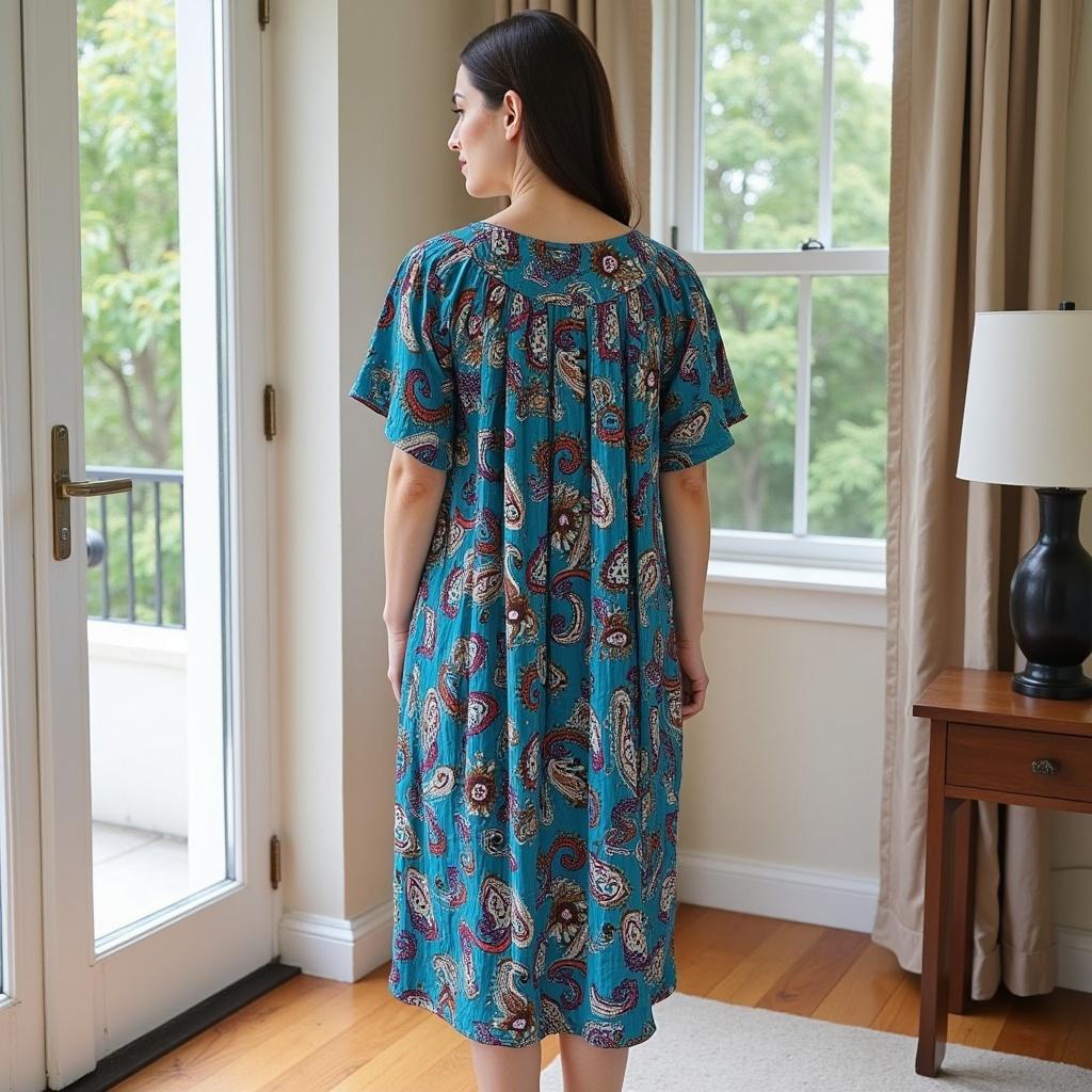 Women's Short Sleeve Blue Print Gauze Lounger House Dress - Crochet Square Neck and Pockets