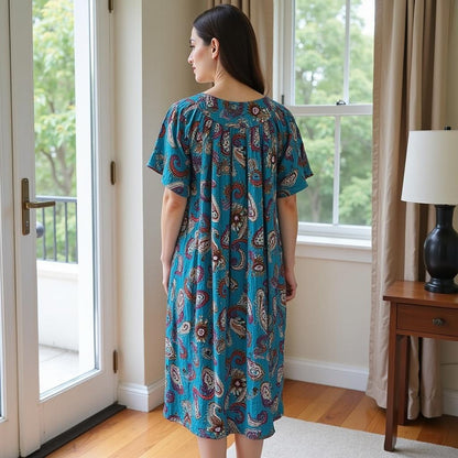 Women's Short Sleeve Blue Print Gauze Lounger House Dress - Crochet Square Neck and Pockets