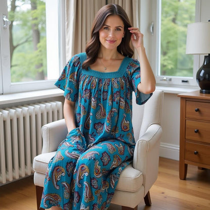 Women's Short Sleeve Blue Print Gauze Lounger House Dress - Crochet Square Neck and Pockets
