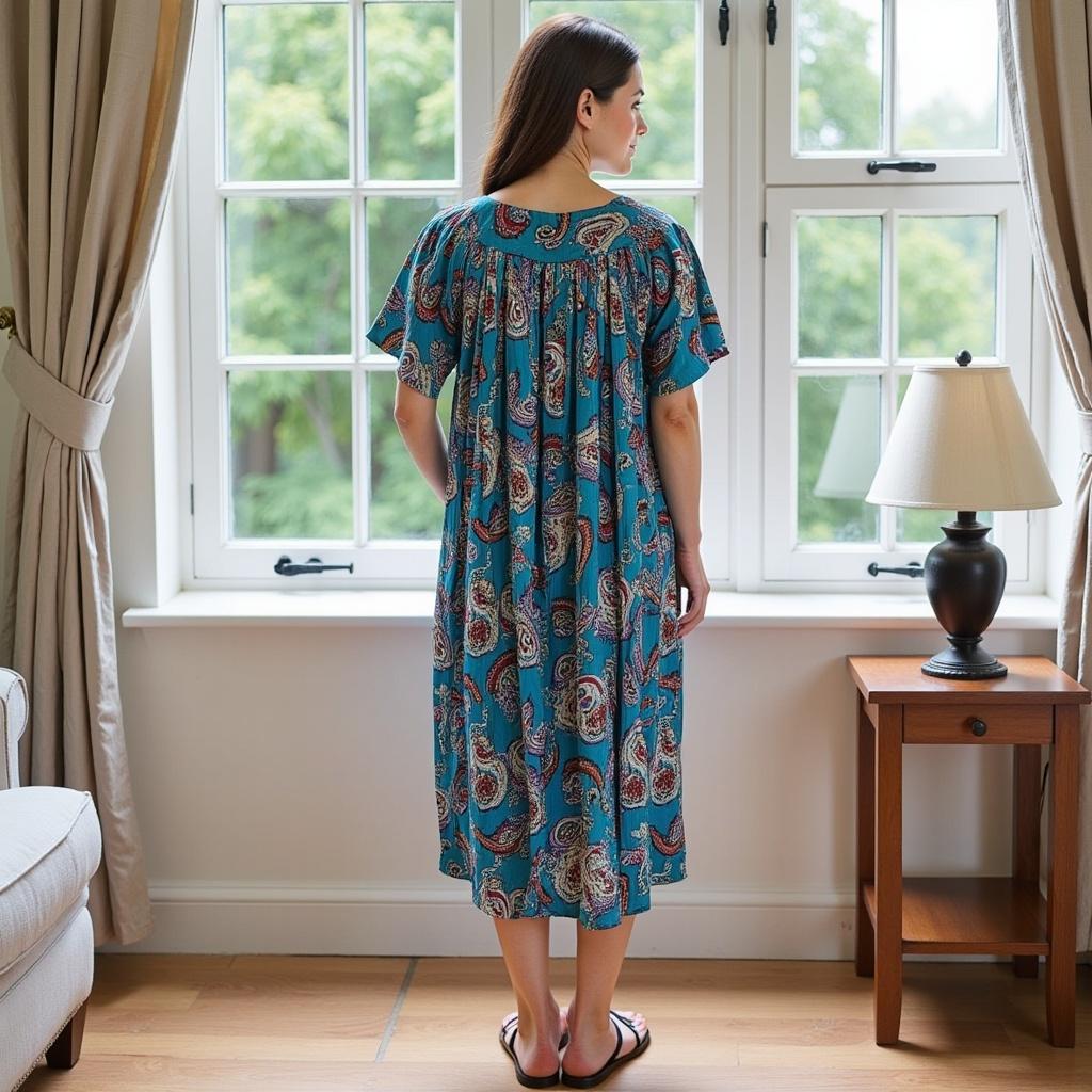 Women's Short Sleeve Blue Print Gauze Lounger House Dress - Crochet Square Neck and Pockets