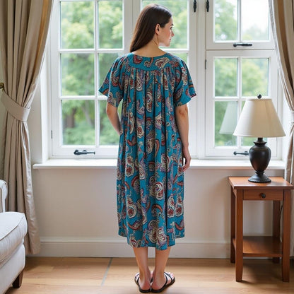 Women's Short Sleeve Blue Print Gauze Lounger House Dress - Crochet Square Neck and Pockets