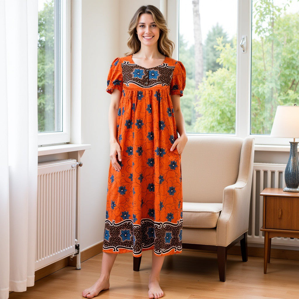 Women's Short Sleeve Coral Lounger House Dress - 3 Button Bib Yoke and Pockets