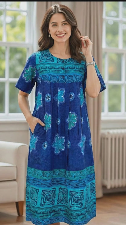 Loungees Women’s 100% Cotton Lounge Dress – Navy House Dress & Casual Caftan, Short Sleeve Relaxed Fit with Pockets