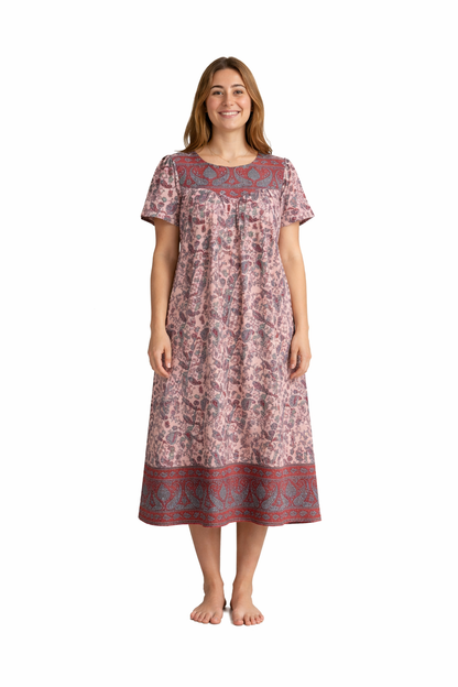 Loungees Women’s Cotton House Dress with Pockets, Short Sleeve Muumuu Caftan, Sweetheart Neck Lounger